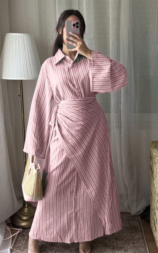 Robe longue rayée col chemise
