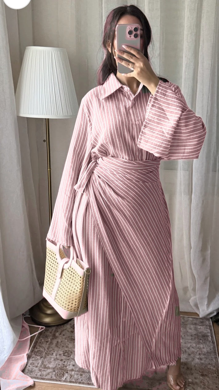Robe longue rayée col chemise