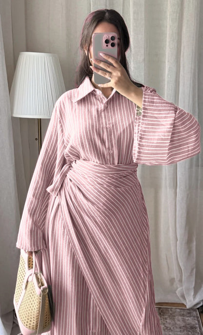Robe longue rayée col chemise