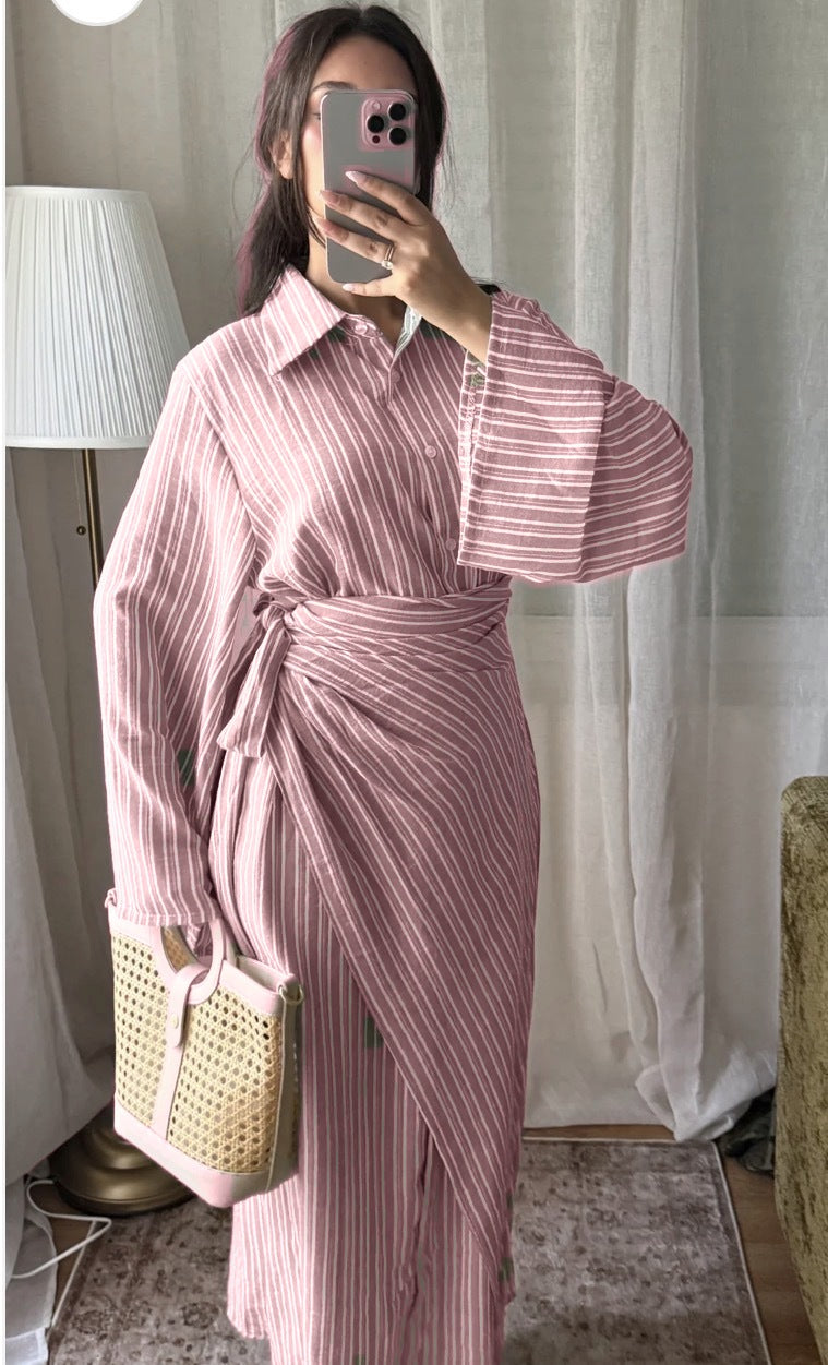 Robe longue rayée col chemise