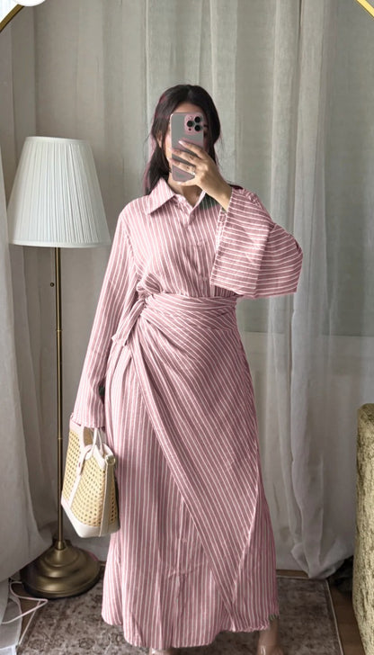 Robe longue rayée col chemise