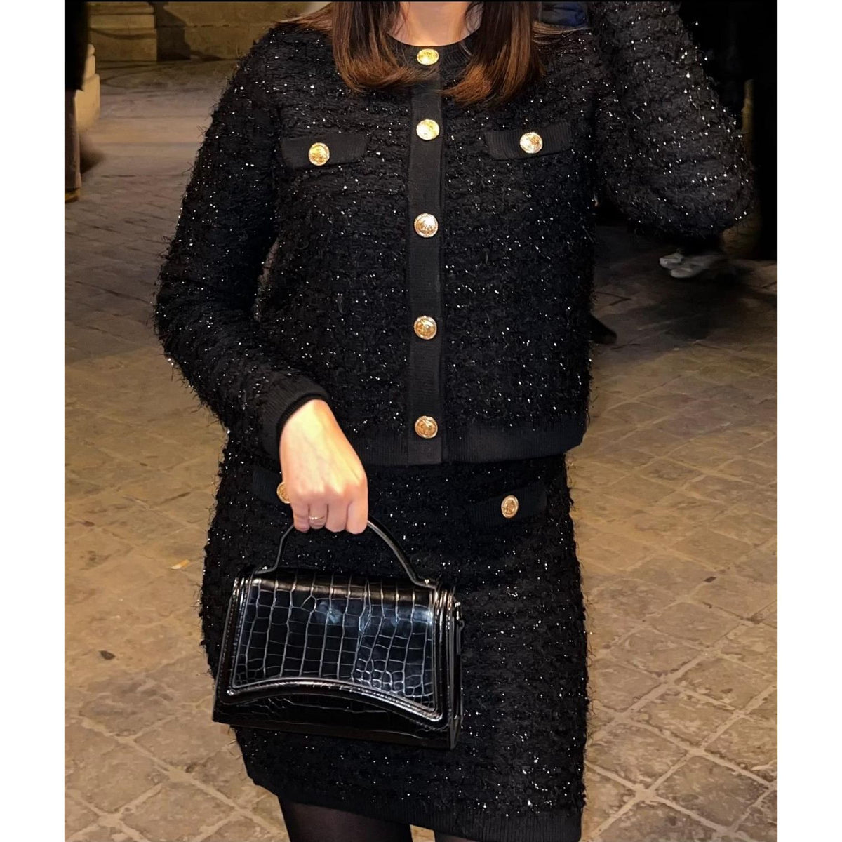 Ensemble chic noir femme veste texturée pantalon élégant Azayel
