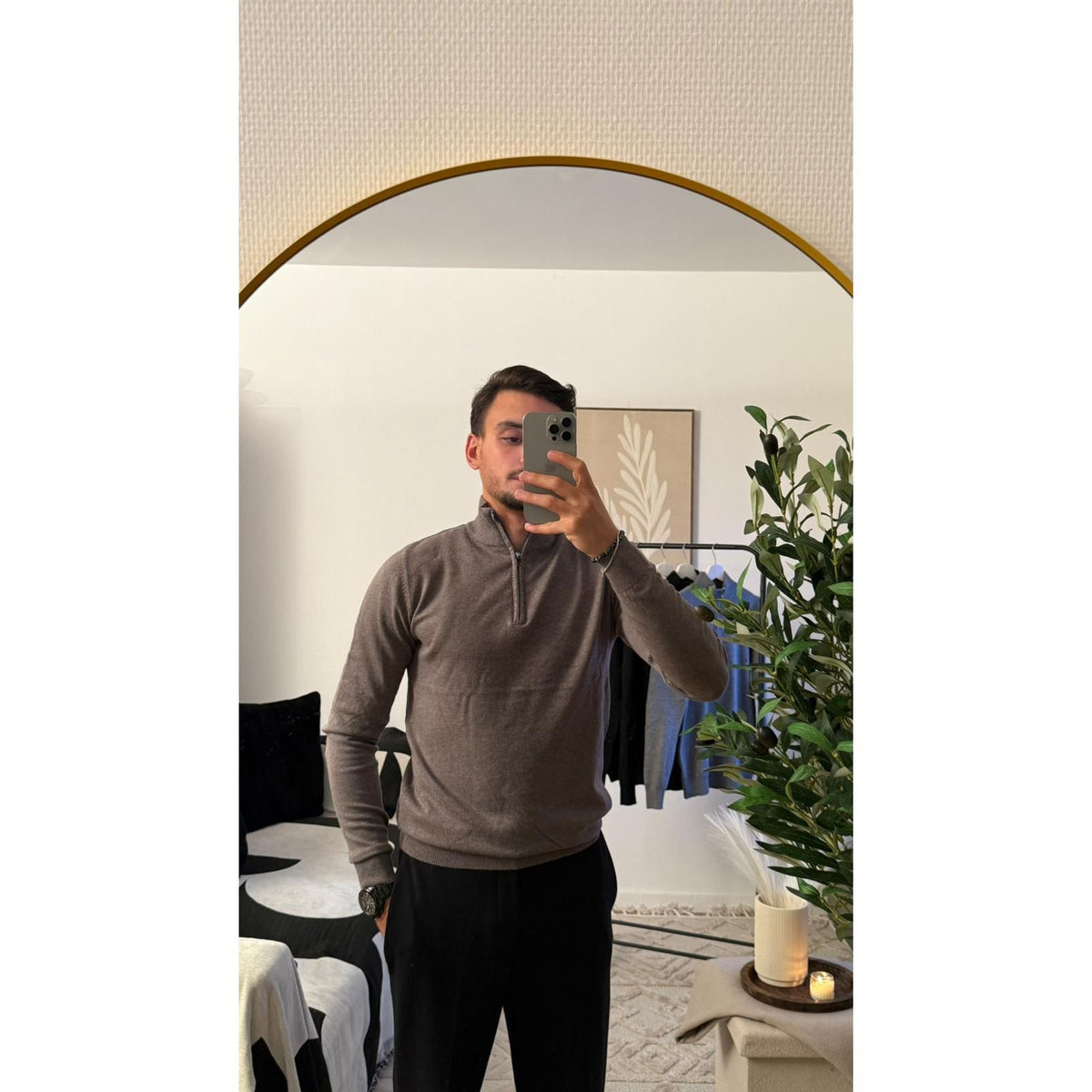 Pull col zippé coffee homme manches longues doux tendance Azayel