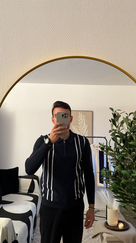 Polo Homme Bleu Marine Élégant à Rayures Blanches