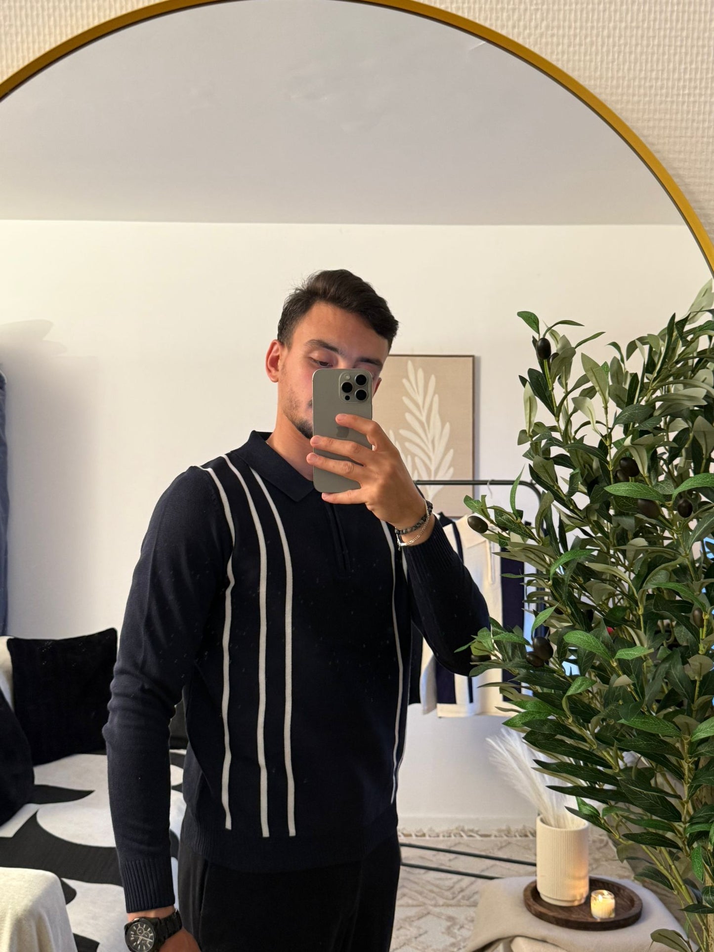 Polo Homme Bleu Marine Élégant à Rayures Blanches