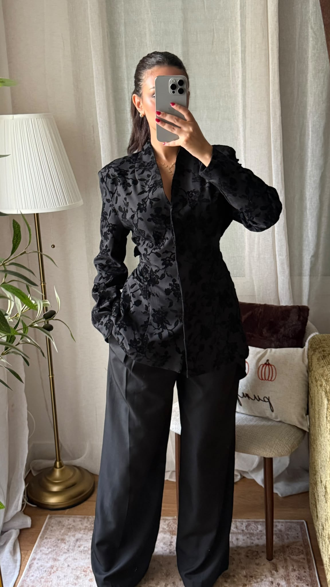 Veste Blazer Velours Fleuri – Noir