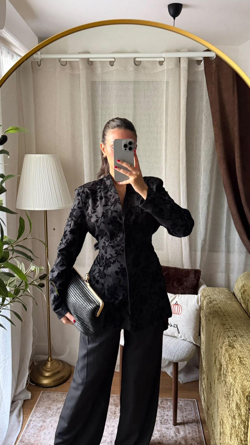 Veste Blazer Velours Fleuri – Noir