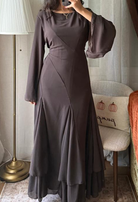 Robe Longue Fluide Manches Évasées – Marron