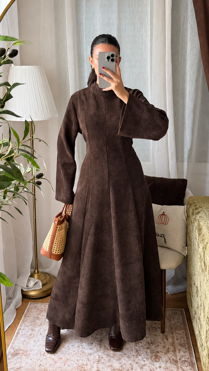 Robe Longue Effet Suédine - marron chocolat