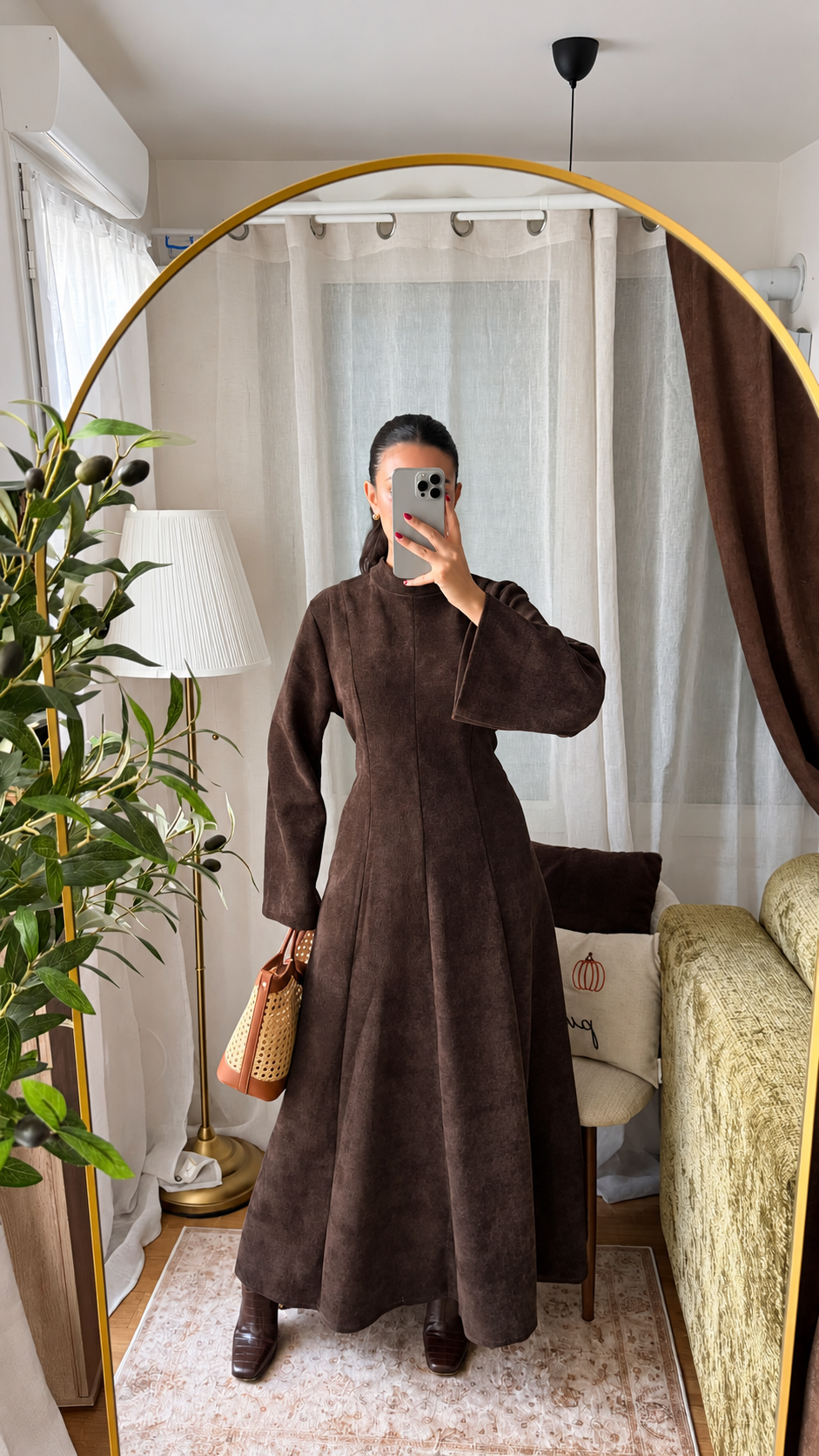 Robe Longue Effet Suédine - marron chocolat