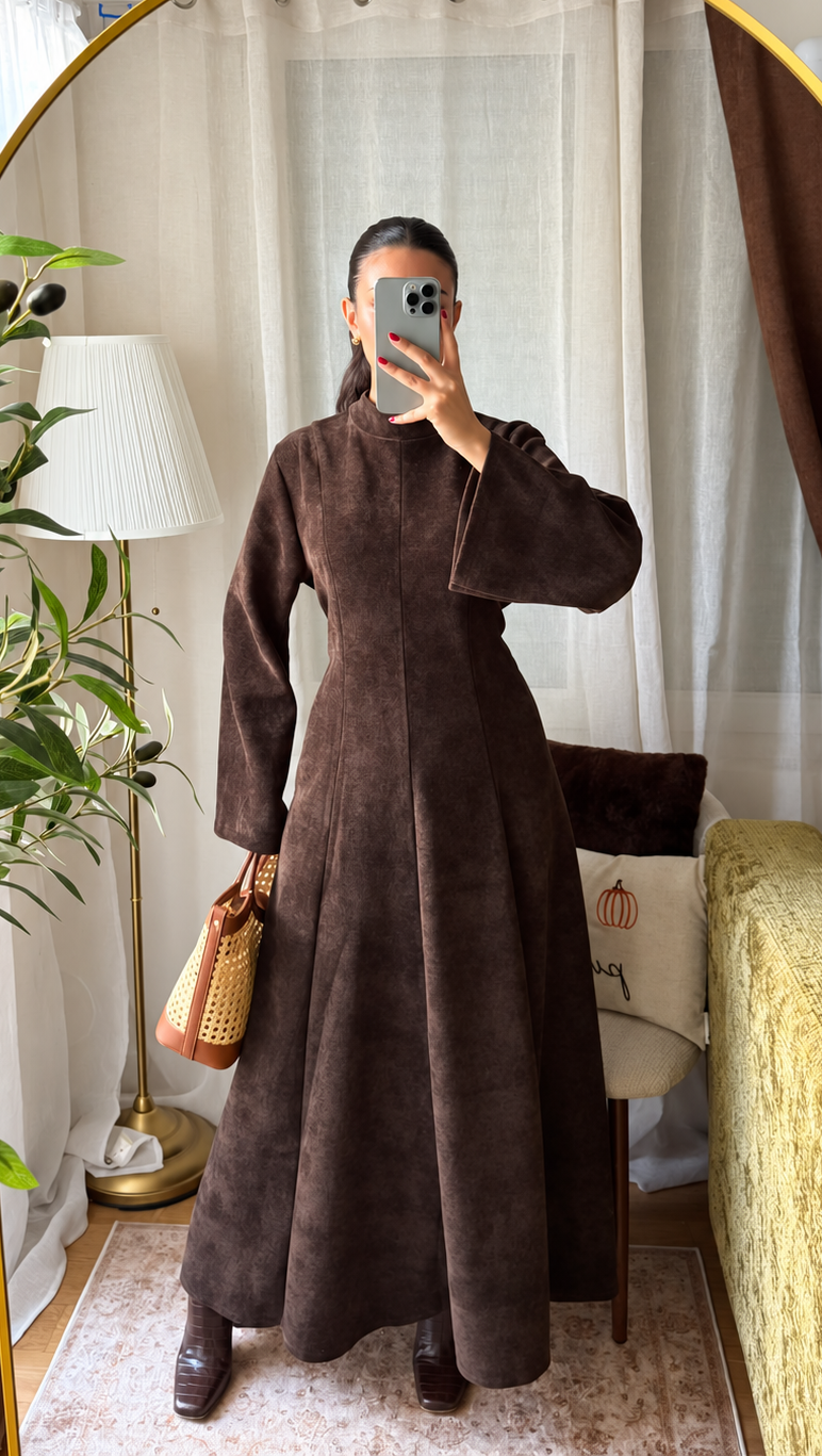Robe Longue Effet Suédine - marron chocolat