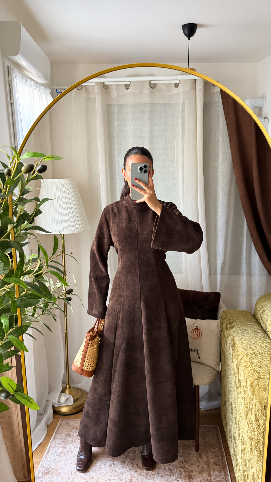 Robe Longue Effet Suédine - marron chocolat