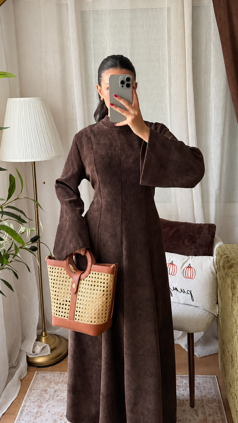 Robe Longue Effet Suédine - marron chocolat