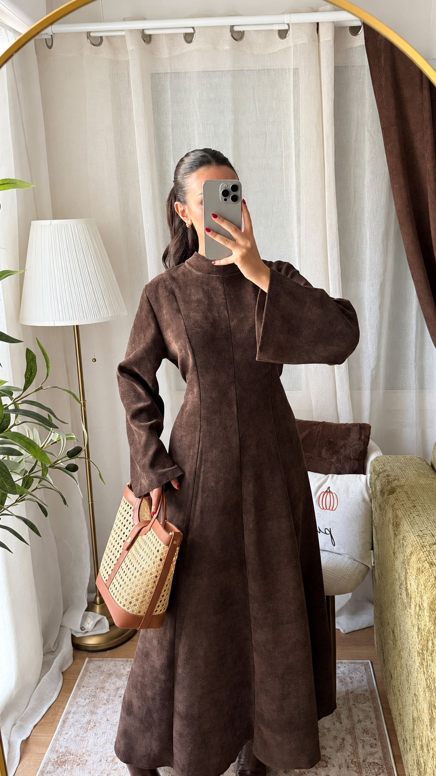 Robe Longue Effet Suédine - marron chocolat