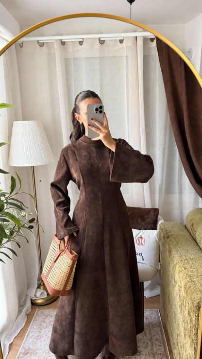 Robe Longue Effet Suédine - marron chocolat