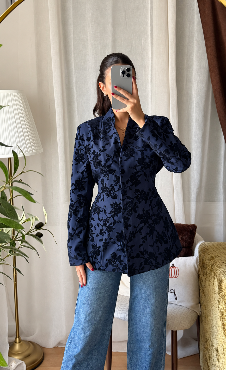 Veste Blazer Velours Fleuri – Bleu Marine