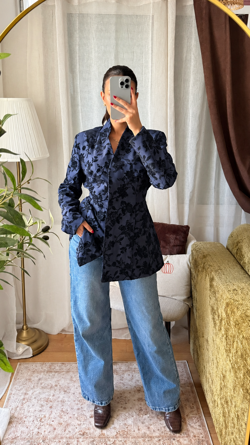 Veste Blazer Velours Fleuri – Bleu Marine