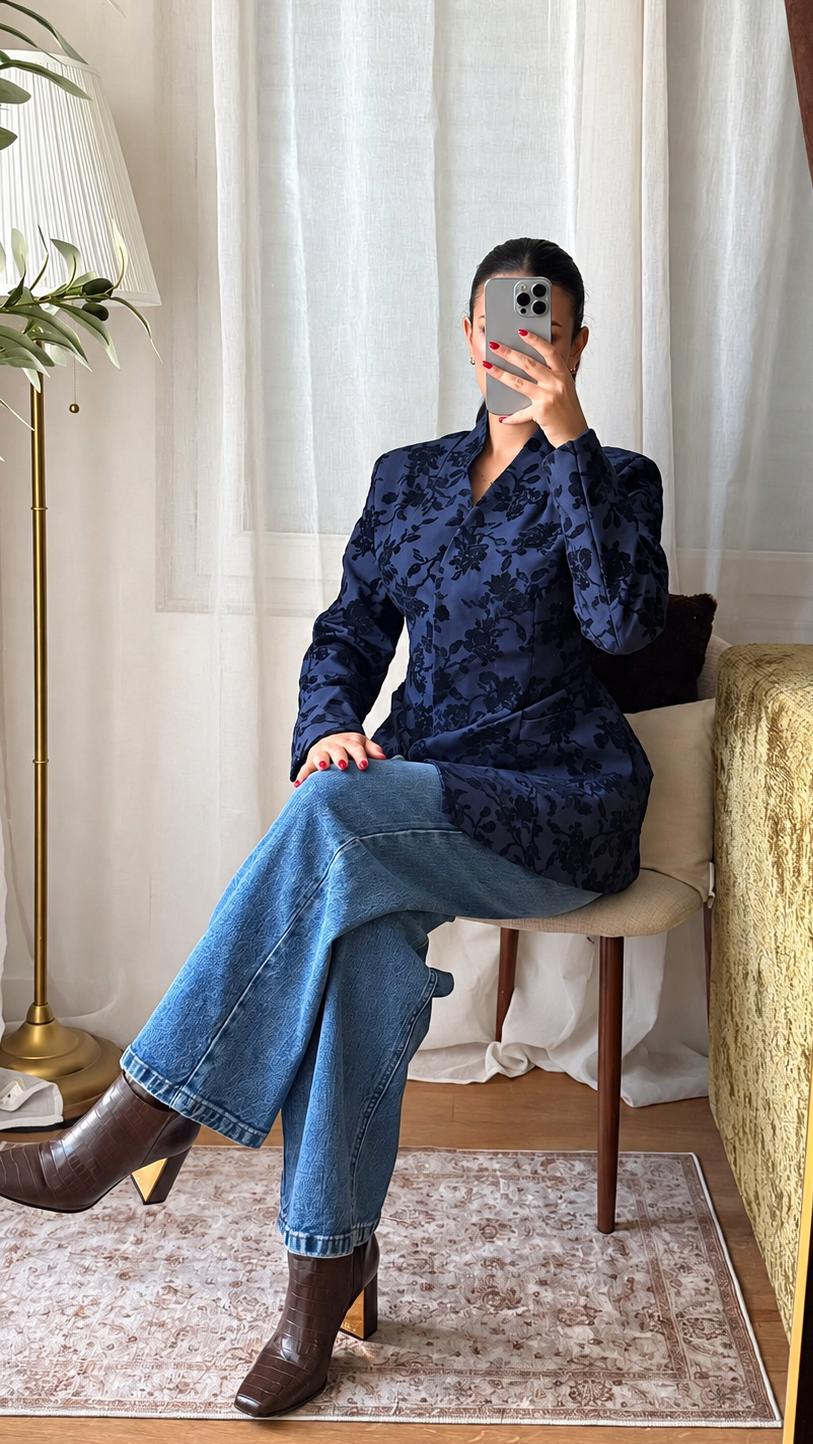 Veste Blazer Velours Fleuri – Bleu Marine