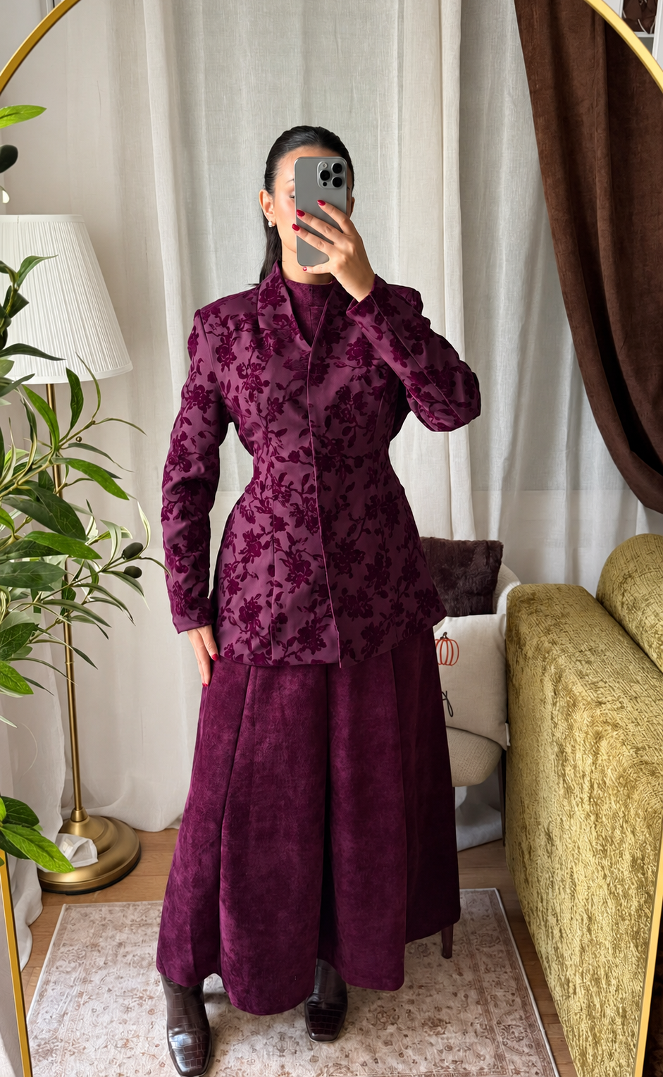 Veste Blazer Velours Fleuri – Prune