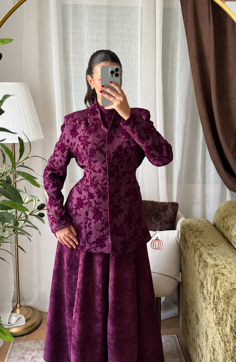 Veste Blazer Velours Fleuri – Prune