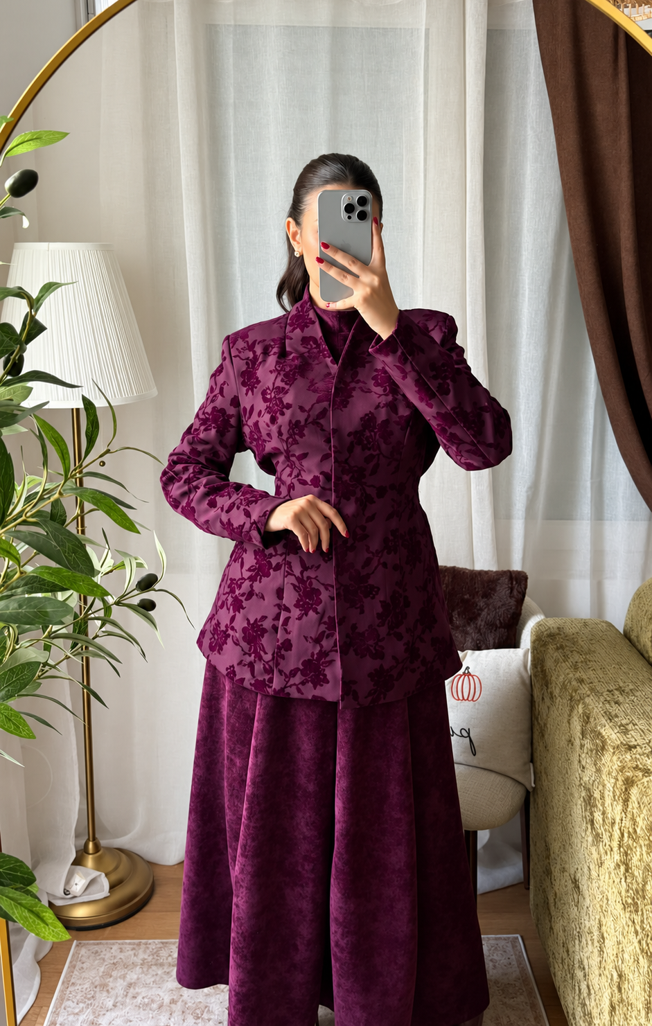 Veste Blazer Velours Fleuri – Prune