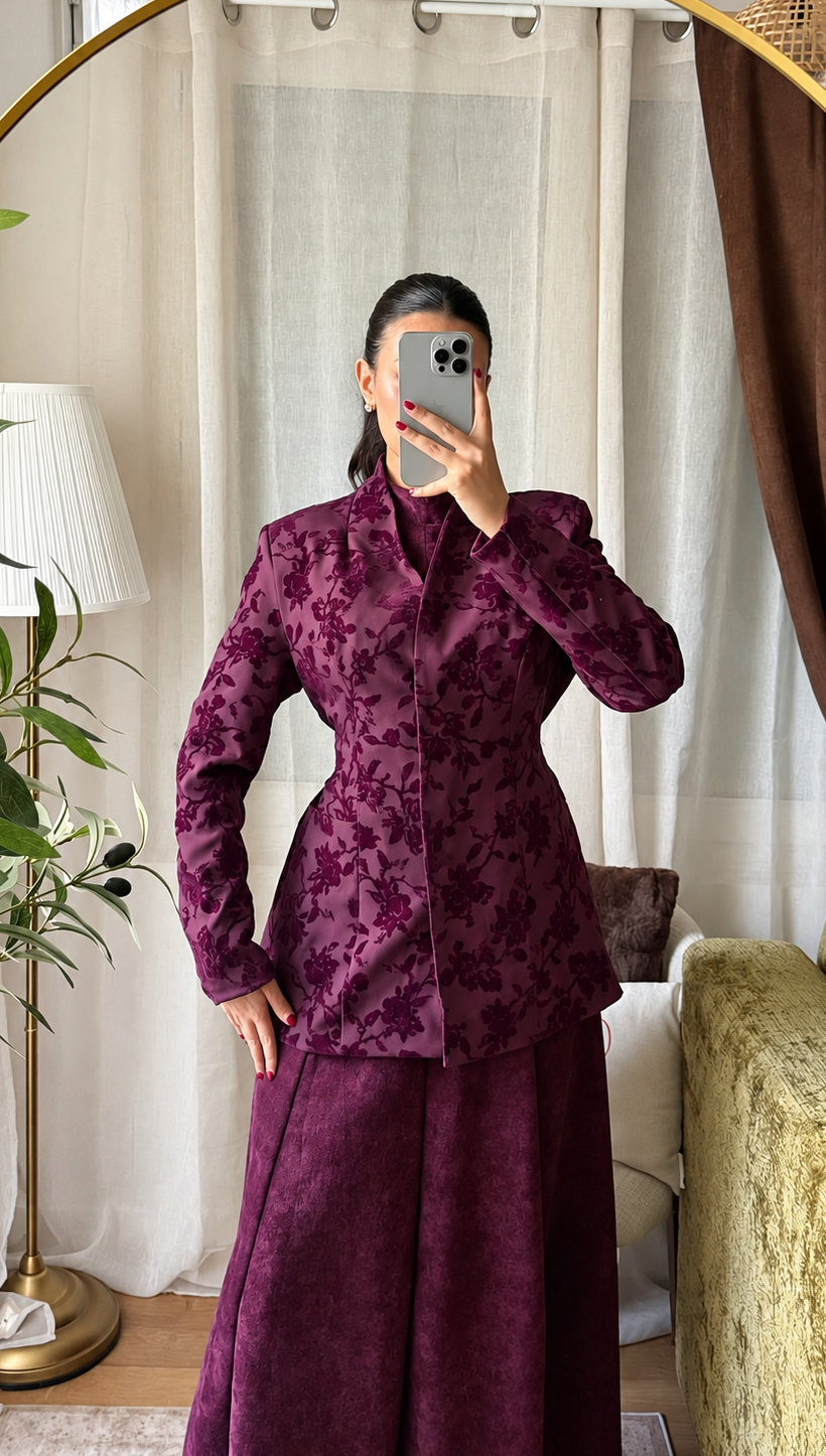 Veste Blazer Velours Fleuri – Prune