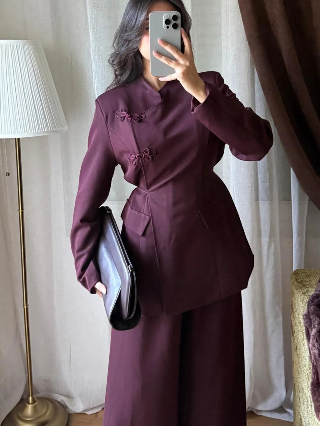Tailleur pantalon femme prune blazer cintré