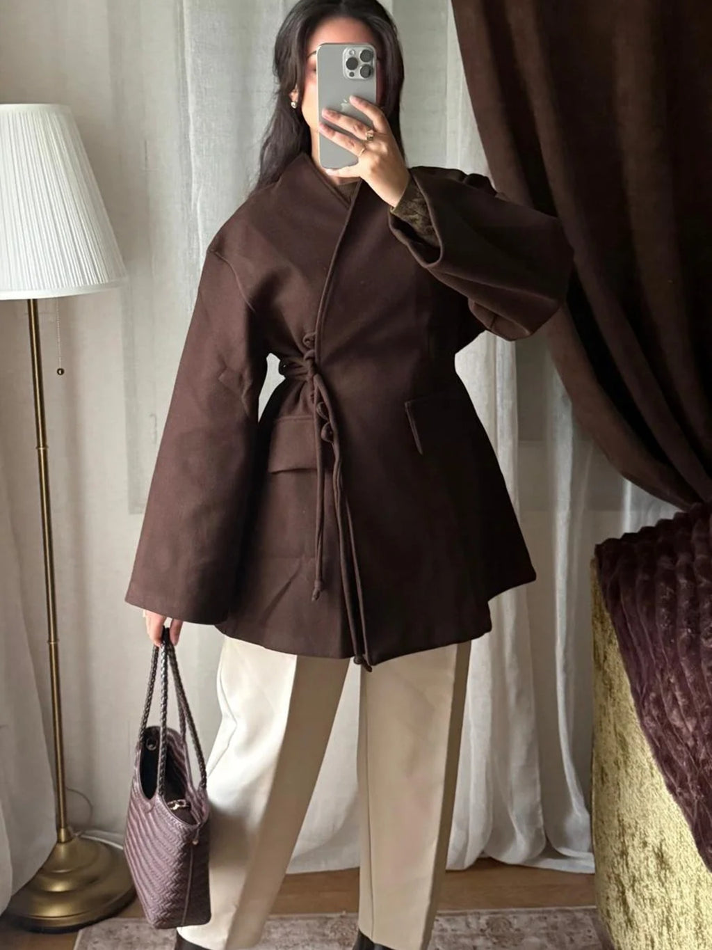 Veste femme marron foncé ceinture à nouer