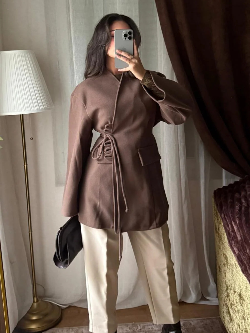 Veste femme marron laçage corset à la taille